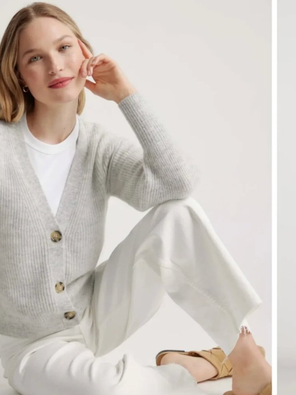 Quince Baby Alpaca Cardigan Light Gray Size Large Ribbed with Pointelle Detail - Picture 2 of 10